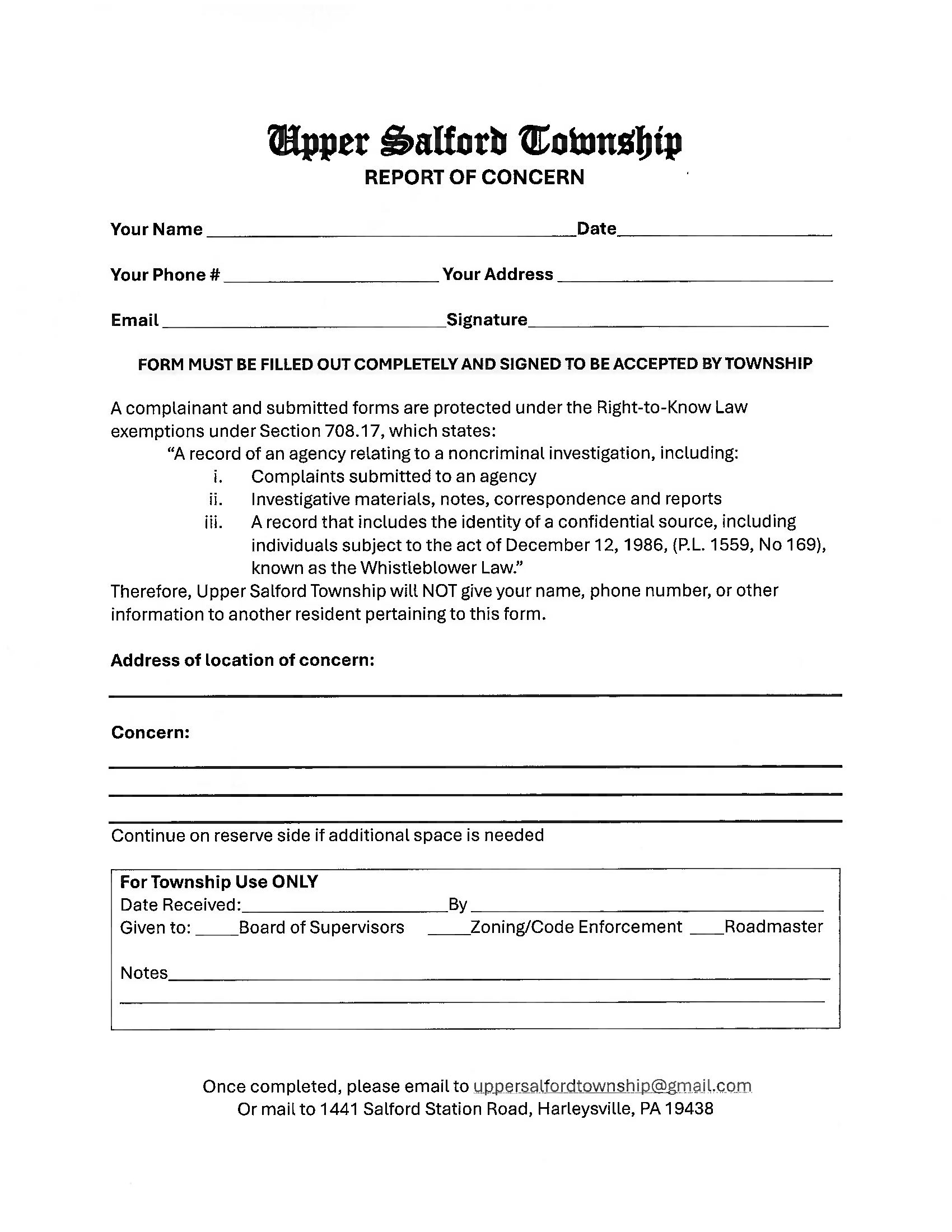 Concern Form REPORT A CONCERN - Upper Salford Township